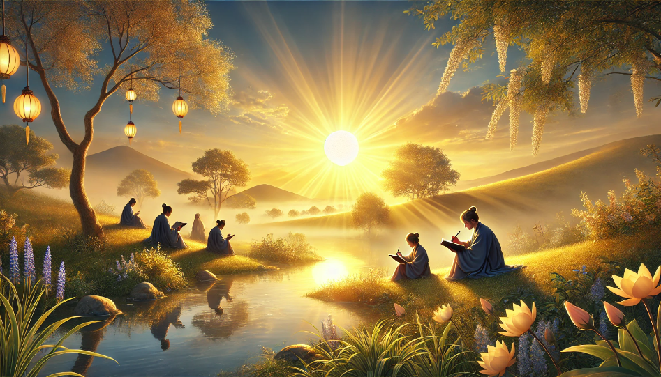 Poets writing at dawn under the soft glow of the rising sun in a light-themed landscape with golden sunlight, blossoming flowers, and lush greenery.