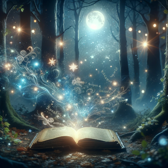 Whispers of TxtTale An ancient book with glowing pages in a mystical, moonlit forest.