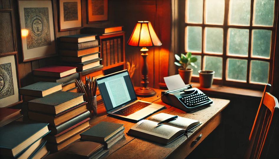 Boost Your Writing Skills: Essential Tips for Aspiring Authors A cozy writing corner with a wooden desk, laptop, books, and a warm lamp, overlooking a peaceful garden.