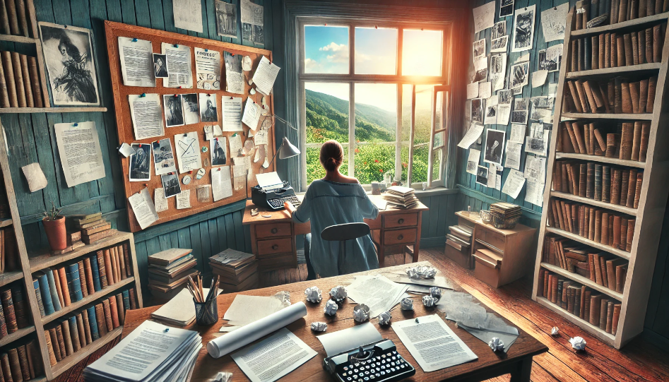 The Essential Guide to Plot Development for Writers An author at a desk with notes, storyboards, and a picturesque view, focused on plot development.