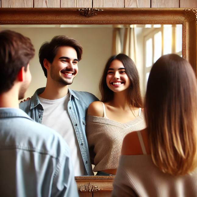 Boundless Bonds: Part 7 - Soulful Friendship Quotes to Celebrate Enduring Connections Friends looking into a mirror, reflecting their true selves.