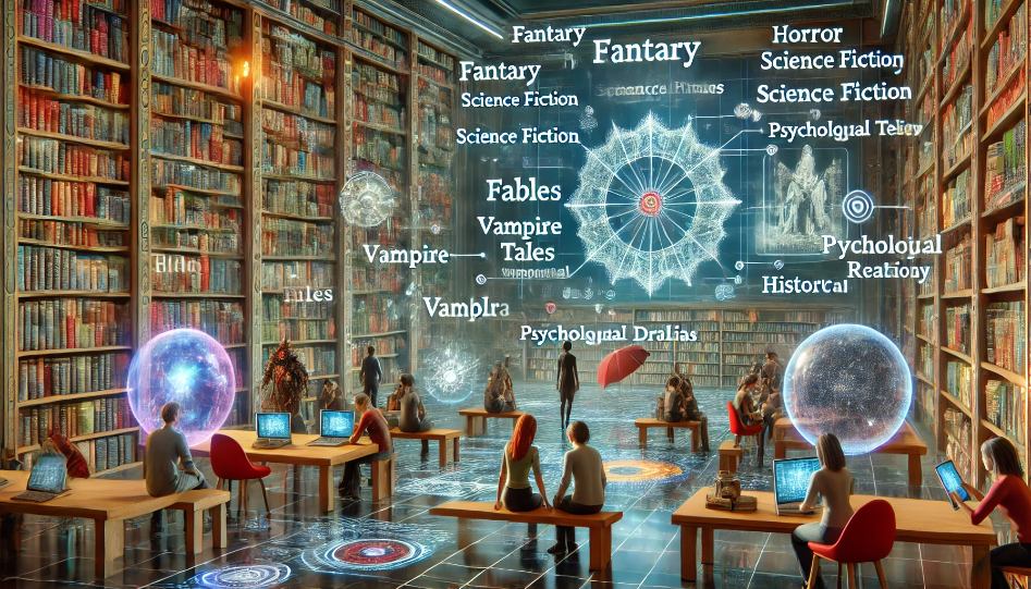 Revolutionizing Storytelling in 2024: A New Era with TxtTale A futuristic digital library with holographic displays, bookshelves, and readers engaging with augmented reality experiences, showcasing genres like fantasy, horror, science fiction, humor, fables, vampire tales, psychological dramas.
