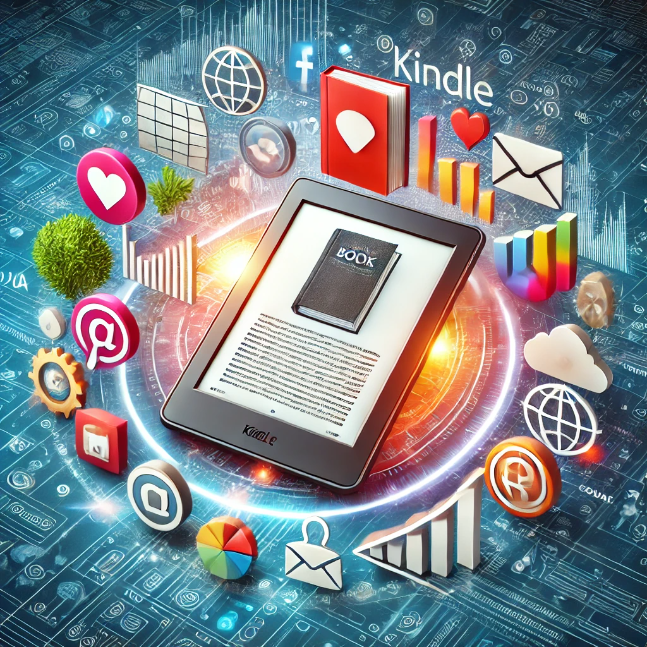The Ultimate Guide to Promoting Kindle Books: Strategies and Top Platforms Kindle e-reader surrounded by promotional elements like social media icons, email symbols, and growth graph with eBooksTap logo in the background.