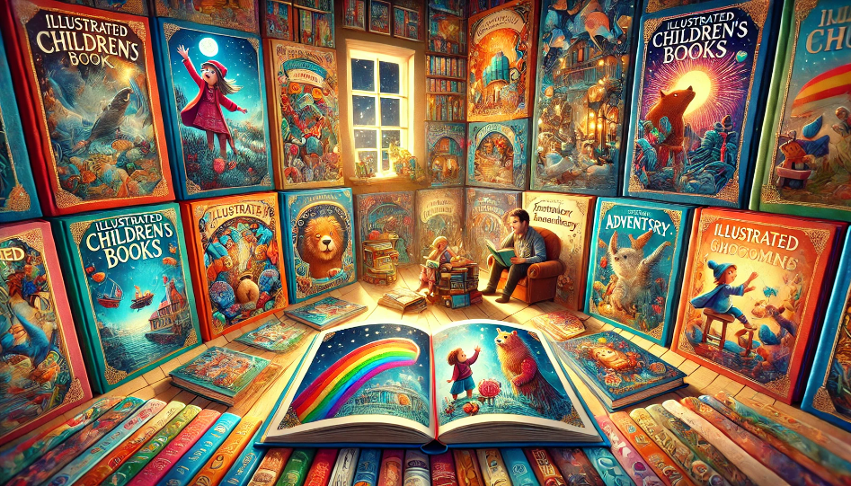 Top 10 Illustrated Children's Books You Shouldn't Miss A collection of illustrated children's books with vibrant and colorful illustrations, featuring themes of animals, fantasy, and adventure, set in a cozy reading nook with a child and a parent sharing a story.