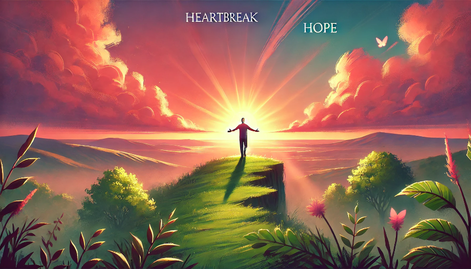 How to Overcome Love Failure and Heartbreak and Embrace Hope Person standing on a hilltop at sunrise with outstretched arms, symbolizing hope and new beginnings.