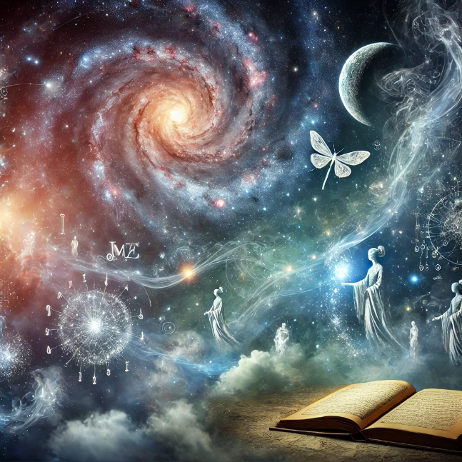 Religious Texts and Moral Tales: The Foundation of Spiritual and Ethical Guidance Cosmic scene with swirling galaxies, nebulae, ancient scrolls, floating books, and ethereal figures sharing tales.