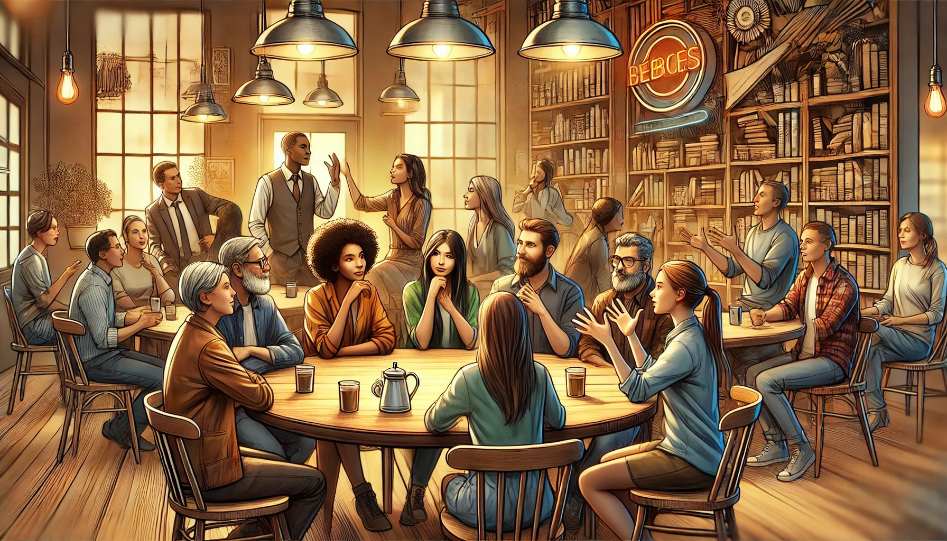 Mastering Dialogue: A Writer's Guide Diverse characters in a café, engaged in a lively conversation, showcasing dynamic dialogue.