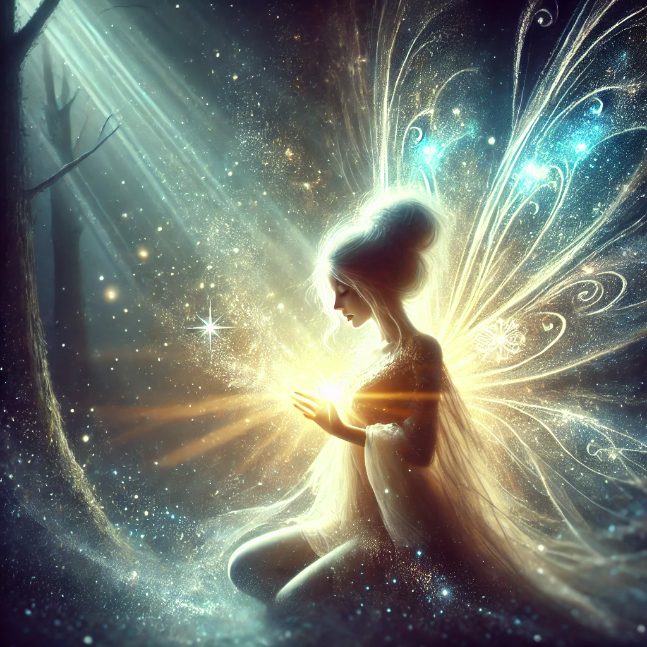 Folktales and Fairy Tales: The Timeless Stories That Shape Cultures Fairy of light glowing in darkness, dissolving into beams of sunshine in a mystical forest.