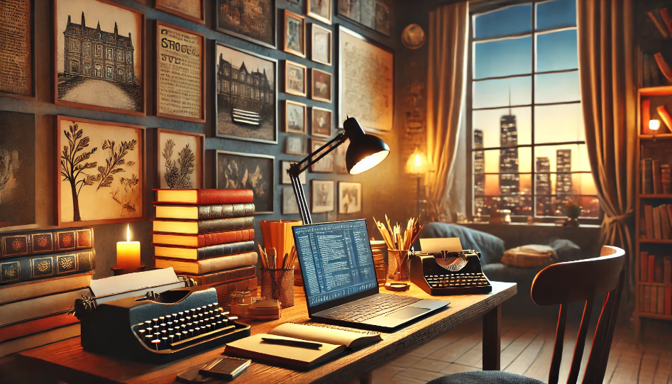 Finding Your Writing Niche: A Guide for New Authors A cozy writer's workspace with a laptop, books, and a cityscape view at dusk.