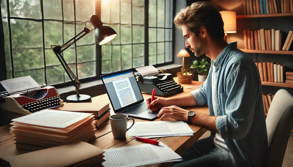 The Art of Editing: Enhance Your Writing with Precision An author editing a manuscript at a desk, surrounded by books and a serene garden view.
