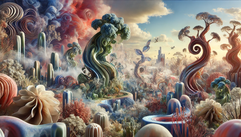 Exploring New Story Genres: Innovative Ideas for Captivating Storytelling A surreal landscape combining biological themes with dreamlike elements. Organic forms such as plants and animals blend into strange, unpredictable shapes and colors, creating a world where reality and perception blur.