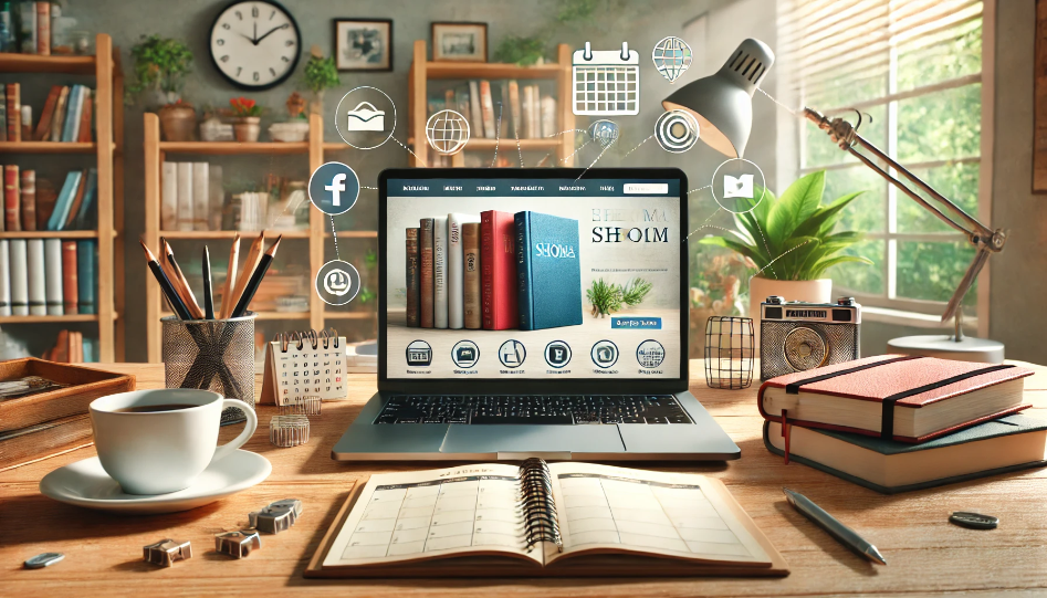 A laptop on a desk displaying a website with book covers, surrounded by various marketing tools like a calendar, social media icons, and a cup of coffee. The background features a cozy home office setup with bookshelves and plants.