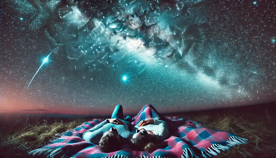 Creating a Romantic Mood: Scenes, Objects, Smells, Feels, Words, and Situations A couple lying under a starry sky, wrapped in a blanket, sharing dreams and stories. The vastness of the universe above them makes the moment deeply romantic and connected.