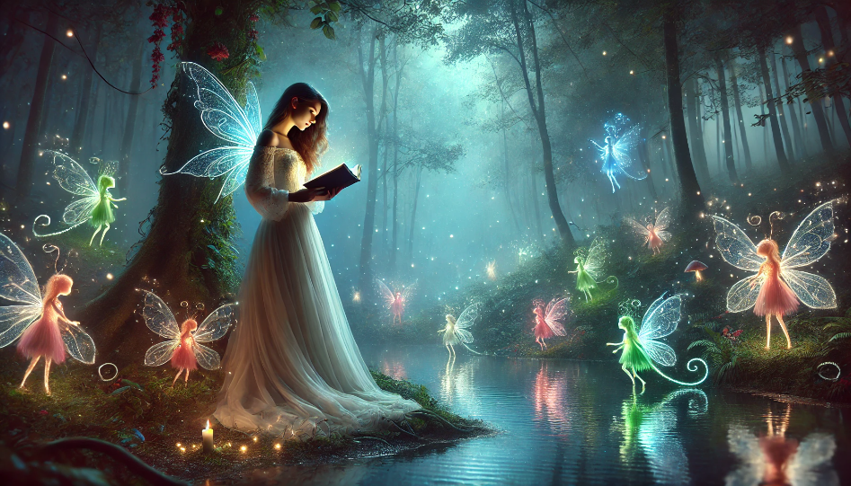 Discover the Magic of Reading Stories Online with TXTTALE A whimsical scene of a woman standing by a serene pond in a magical forest, reading a glowing book, surrounded by ethereal, glowing fairies.