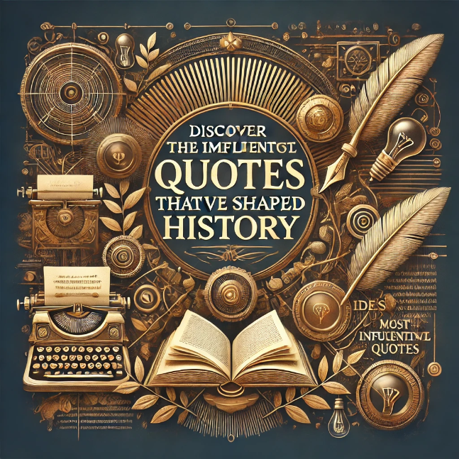 Discover the Most Influential Quotes That Have Shaped History An elegant and artistic design featuring the title "Discover the Most Influential Quotes That Have Shaped History." The background is a blend of classic and modern elements, with books, quills, and digital screens