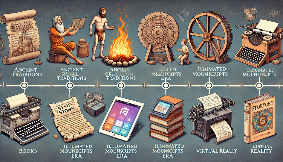 The Evolution of Storytelling: A Timeline of Writing Stories A historical timeline depicting the evolution of storytelling, including a storyteller by a fire, clay tablets, illuminated manuscripts, a printing press, books, and digital devices.