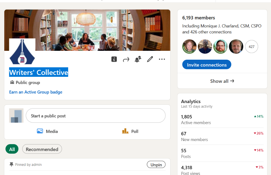 Join Writers' Collective on LinkedIn: The Ultimate Online Writers Group for Networking and Discussions Screenshot of the Writers' Collective LinkedIn group with 6,193 members. The cover photo shows people in a cozy, book-filled room. The group name "Writers' Collective" is displayed, along with group activity stats.