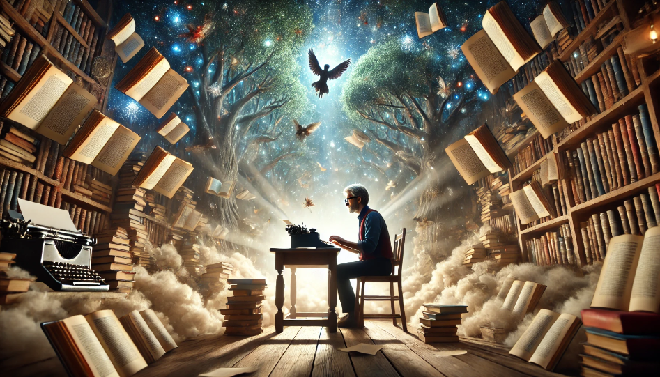 The Art of Storytelling: Unlocking the Power of Your Imagination A writer at a wooden desk, surrounded by floating books and glowing pages, with ethereal light casting magical shadows in the room.
