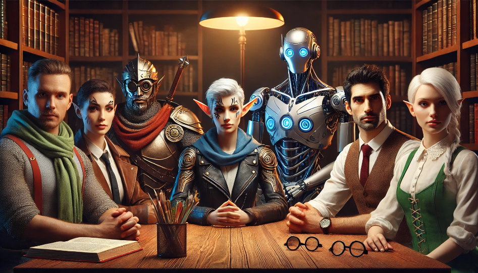 Creating Engaging Characters: Tips for Aspiring Writers A diverse group of fictional characters in a library setting, each with distinct features and expressions.