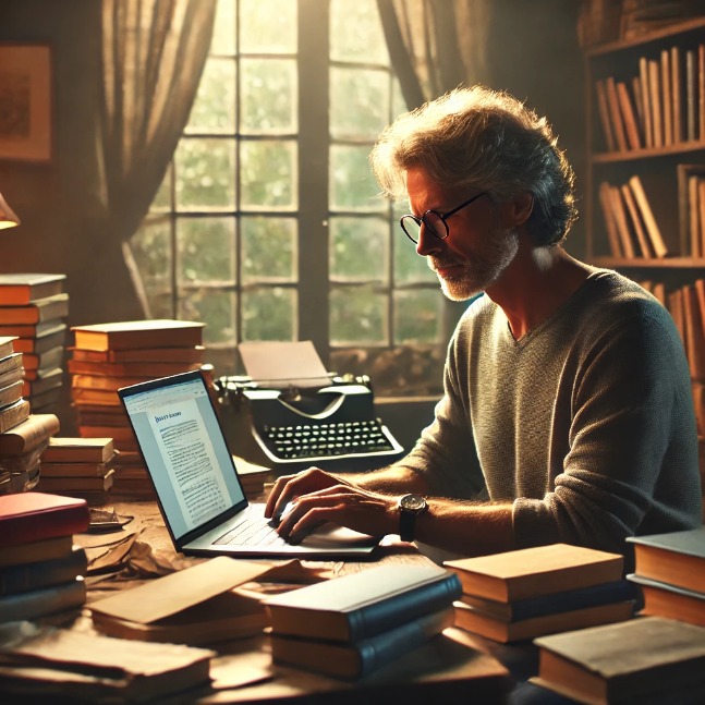 Step-by-Step Guide to Sign Up and List Your Books on TxtTale.com An author sitting at a desk with a laptop, surrounded by books, listing their book online on a website, with the screen displaying a book listing page.