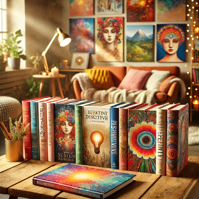 Top 10 Books of Creativity: Unleash Your Imagination A vibrant collection of 10 books with artistic and creative covers arranged on a wooden table, with a cozy, well-lit reading nook in the background.