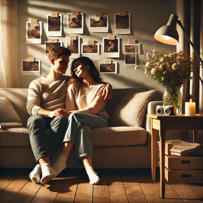 10 Heartfelt Love Messages to Express Your Affection A couple sitting on a sofa in a cozy living room, exchanging warm smiles, surrounded by photos and flowers.