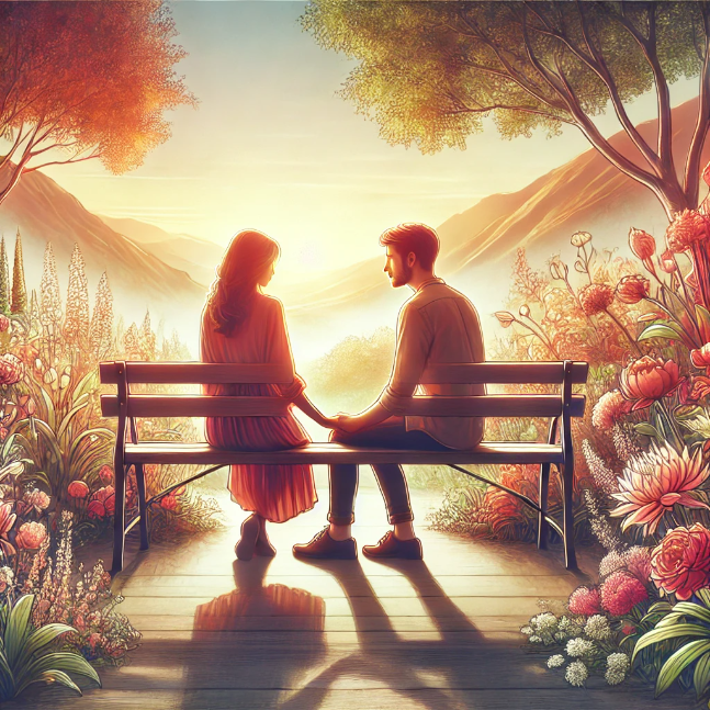 10 Unique Love Messages to Deepen Your Connection A couple reflecting on their journey in a blooming garden.