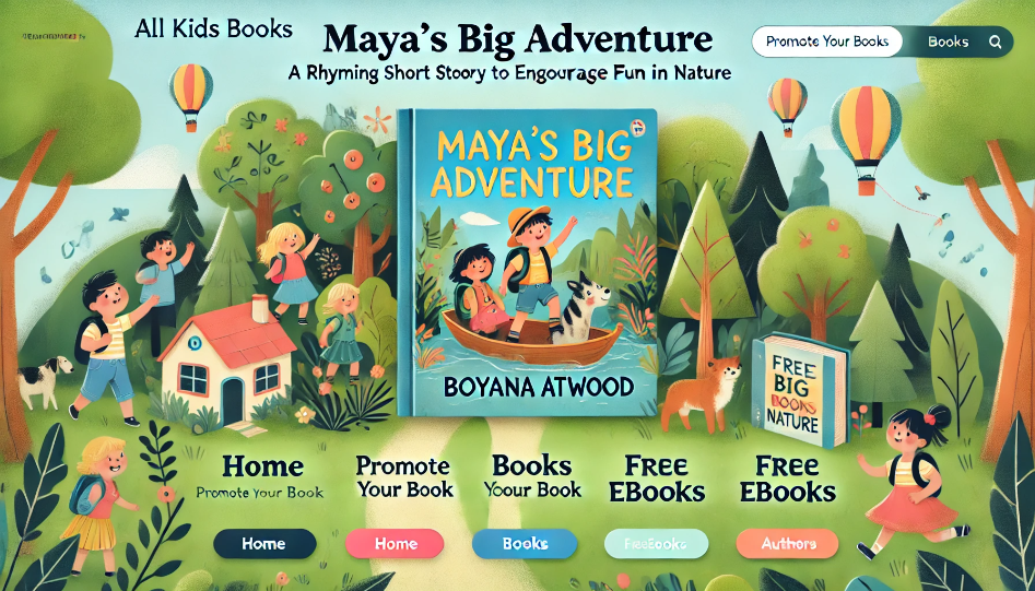 Top Children's Book Promotion Websites: A Comprehensive Guide Engaging website homepage for All Kids Books featuring a colorful layout with 'Maya's Big Adventure: A Rhyming Short Story for Children to Encourage Fun in Nature' by Boyana Atwood