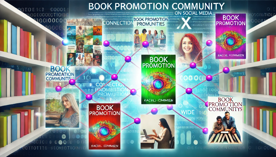 Top Book Promotion Communities on X: Your Ultimate Guide Vibrant wide image of book promotion communities on X. Depicts diverse book covers, authors interacting with readers, and a social media-like digital interface. Highlights connection, engagement, and promotion in a colorful, inviting atmosphere.