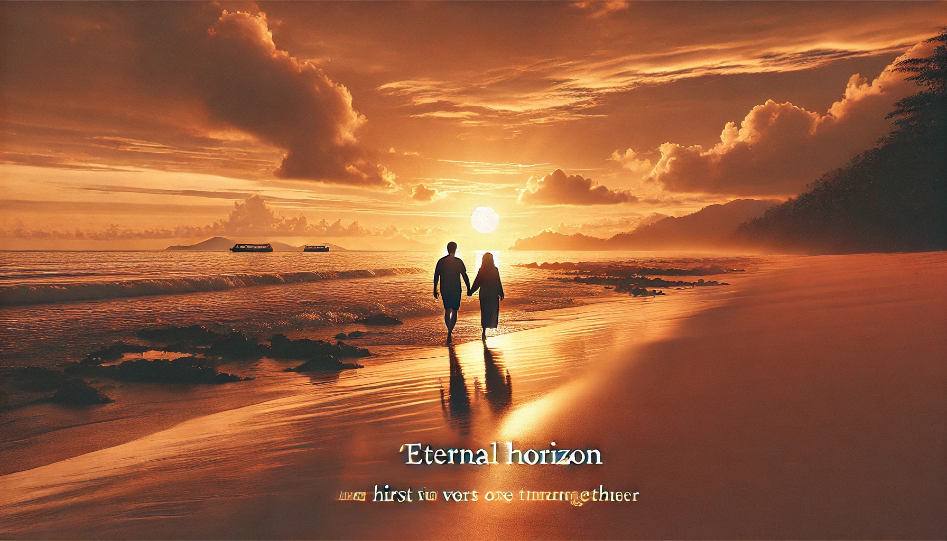 A couple walking hand in hand along a golden beach at sunset, with the sky painted in shades of orange and pink. The scene is peaceful and romantic, capturing the essence of the first verse of the love song &amp;quot;Eternal Horizon,