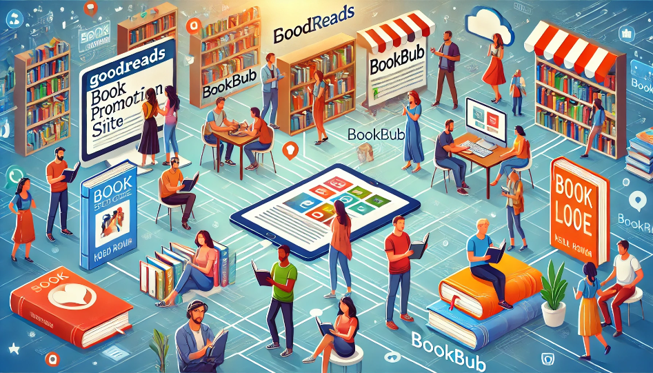 Top Global Book Promotion Websites: Elevate Your Book’s Reach A vibrant scene depicting a diverse group of authors and readers connecting online through various book promotion websites. The image includes elements representing sites like Goodreads and BookBub