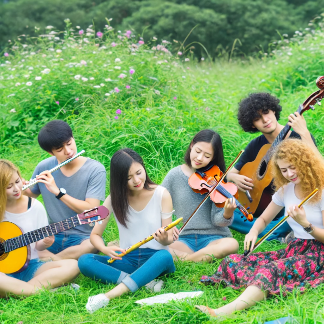 Cherished Companions: Part 5 - Inspiring Friendship Quotes to Celebrate Your Bonds Friends playing musical instruments in a meadow, symbolizing a symphony of friendship.