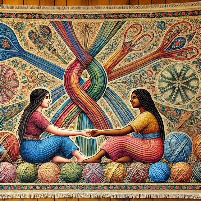 Timeless Friendships: Part 3 - More Quotes to Honor Your Friends Two friends sitting in front of a colorful tapestry, symbolizing friendship as strong and resilient threads.