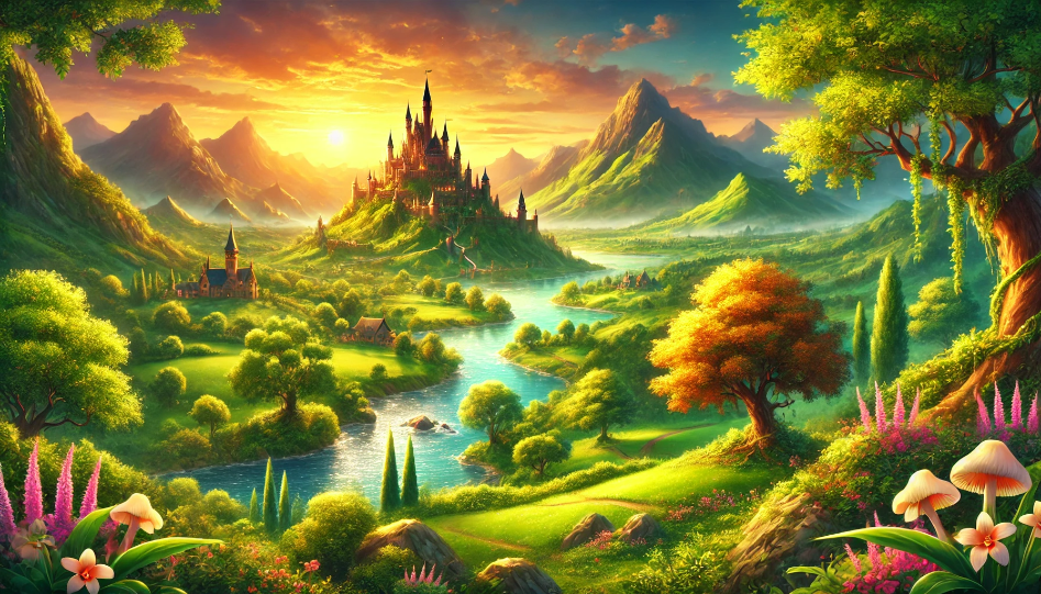 Crafting Memorable Settings: A Guide for Writers A lush fantasy landscape with green hills, a river, and a distant castle at sunset.