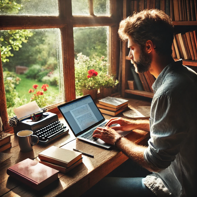Promote Your Book for Free Using Short Story Sharing Websites An author at a wooden desk by a window, typing on a laptop with books and a coffee mug. Sunlight streams in, and a blooming garden is visible outside.