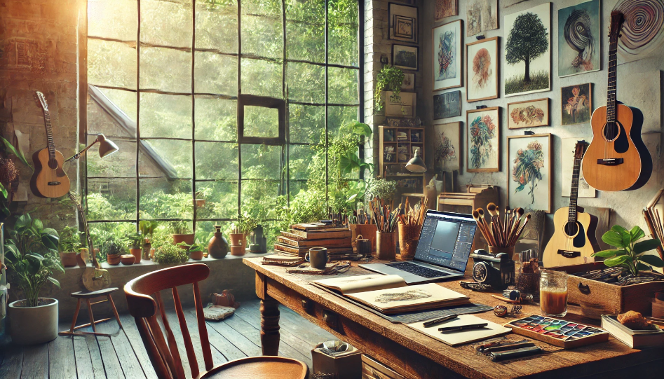 Harnessing Creativity: Unleash Your Inner Author A cozy creative workspace with a wooden desk, notebooks, and a laptop, bathed in natural light with a view of greenery outside.
