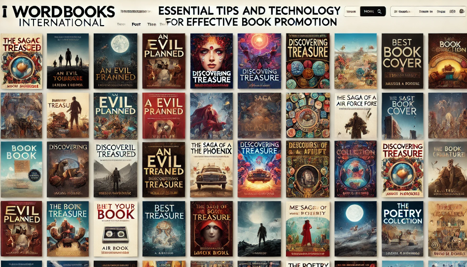 Essential Tips and Technology for Effective Book Promotion A wide collage of book covers displayed on the iWordBooks International website, with the title "Essential Tips and Technology for Effective Book Promotion" at the top.