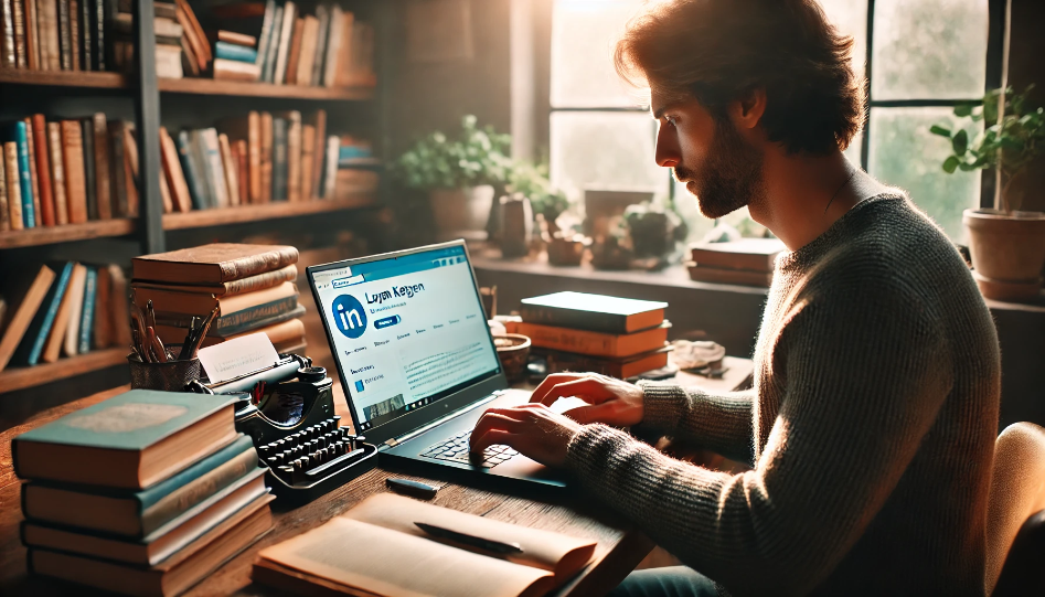 LinkedIn for Writers and Authors: Unlocking Opportunities and Building Connections A writer at a desk with a laptop open, displaying a LinkedIn profile, surrounded by books and papers in a cozy, well-lit room with a bookshelf and natural light streaming in.