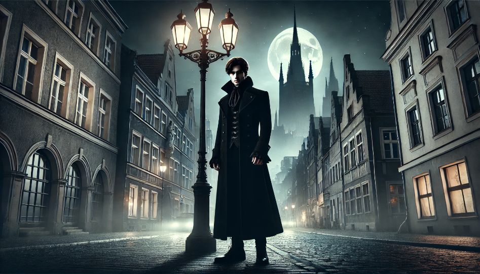 The Enduring Allure of the Vampire Story Genre: A Deep Dive into Vampire Books A mysterious vampire stands under a dimly lit streetlamp in a modern urban setting, with a mix of Gothic and contemporary architecture under a full moon.
