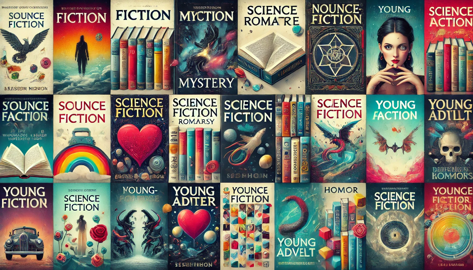 Exploring the Popularity of Book Genres: A Percentage Breakdown Wide image showcasing various book genres with visually distinct covers, including fiction, mystery, romance, science fiction, fantasy, non-fiction, young adult, and horror, arranged in a colorful and engaging layout