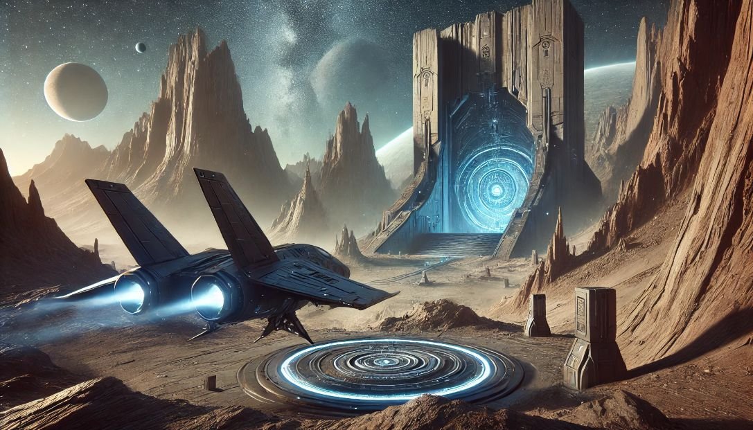 Futuristic spaceship "Solace" exploring a barren alien planet with towering mountains, deep canyons, and a glowing ancient machine inside a cavern.