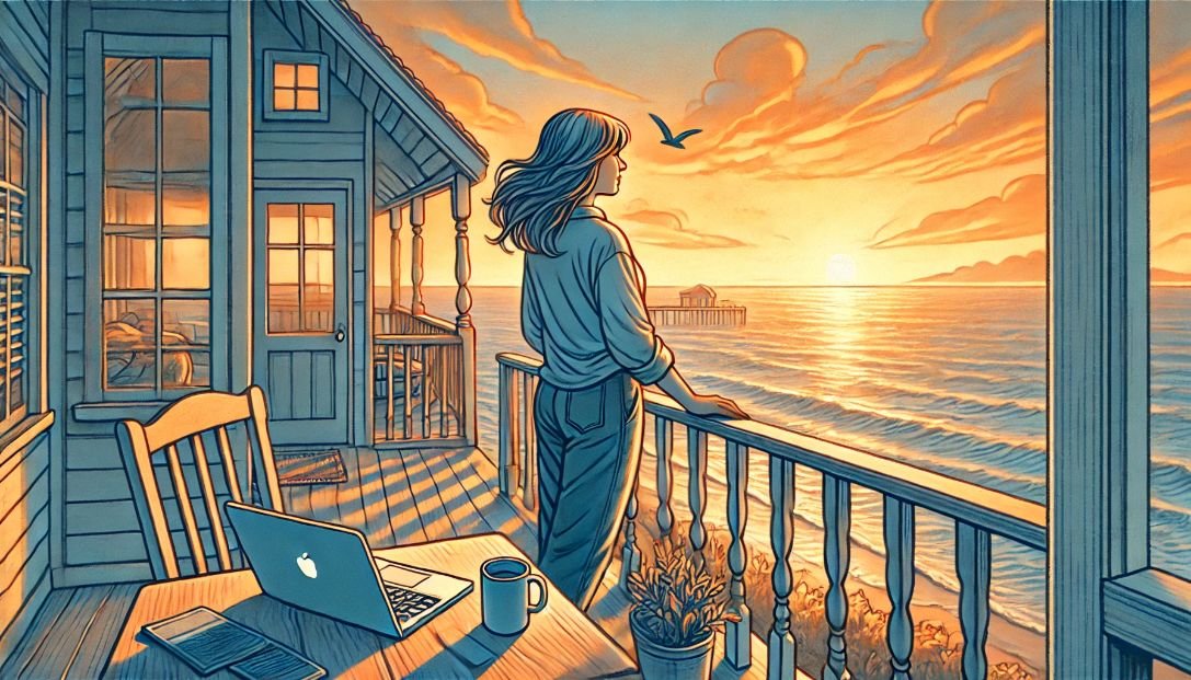 The sun is setting, casting a warm golden glow over the water. Her laptop and a cup of coffee sit on the porch railing, symbolizing her new life working remotely in the tranquil coastal town.