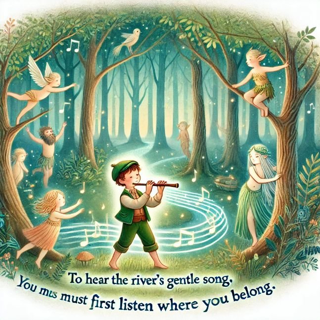 An enchanted woods with playful forest spirits dancing among the trees. Young musician Kael stands in the center, playing his flute, surrounded by a magical aura. The quote 'To hear the river’s gentle song, you must first listen where you belong'
