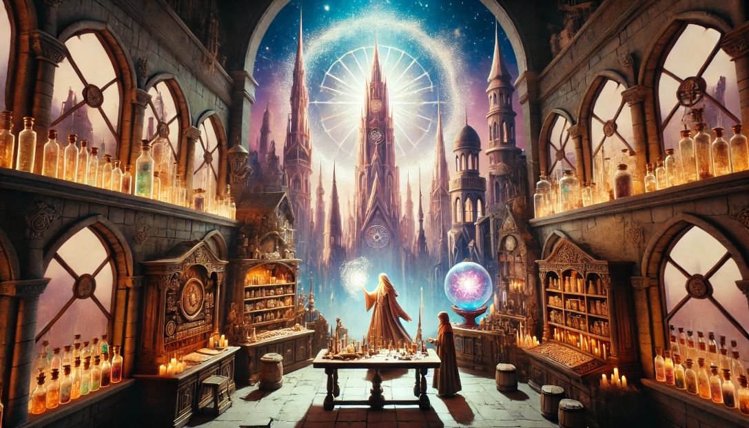 Ancient city of Lumina with spires and cobblestone streets. In a magical workshop, alchemist Seraphina and Lysander work at a grand table with the Dreamforge and Dreamstone.