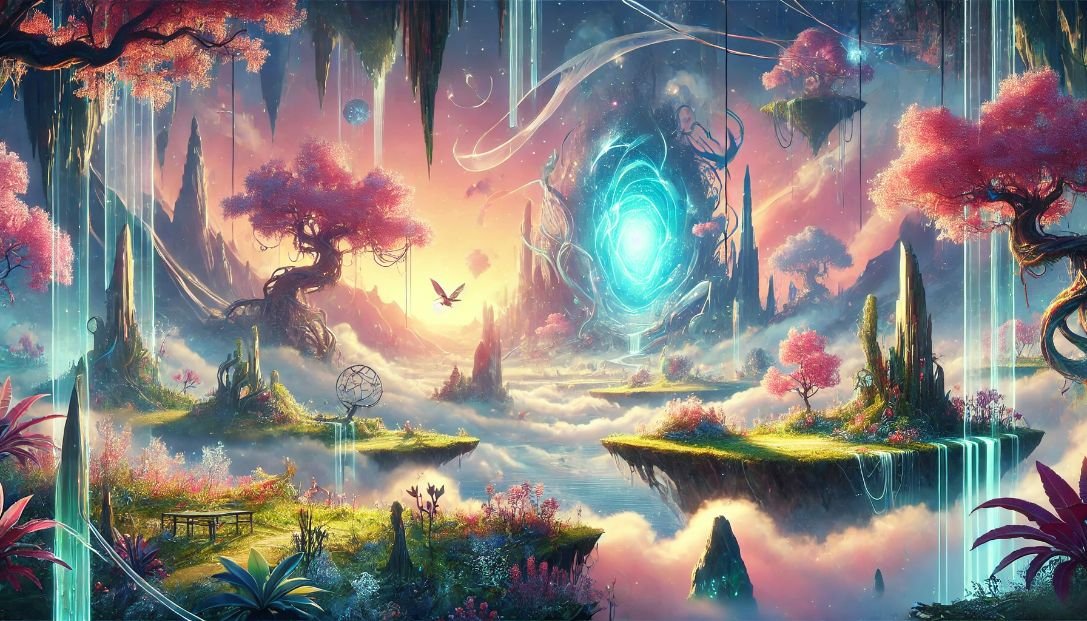 A magical realm called The Unknown with shifting landscapes, a sentient forest, floating caves, and a vast ethereal sea. The scene features vibrant colors, mystical flora, and the Portal of Possibilities