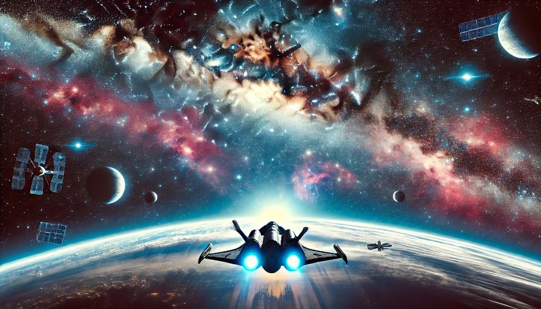 The spaceship leaving the solar system, heading toward the vast expanse of the Milky Way galaxy. Countless stars and colorful nebulae fill the background, capturing the vibrant beauty and sense of adventure
