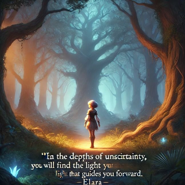 A mystical forest scene at dusk, with ancient trees and a glowing path. A young guardian named Elara stands in the center, looking determined. The quote "In the depths of uncertainty, you will find the light that guides you forward