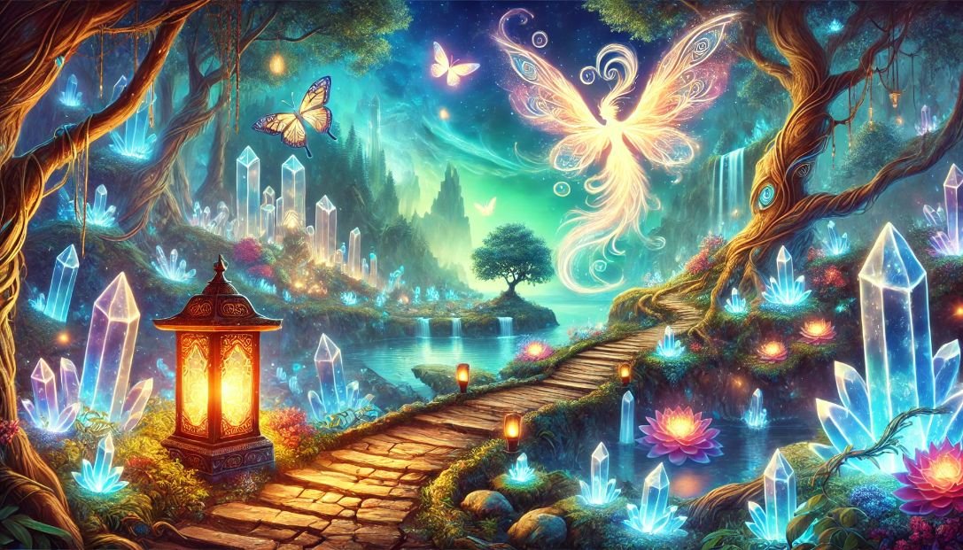 A fantastical forest with glowing paths, crystal gardens, floating islands, an ancient lantern, luminous moths, and a majestic firebird above a serene lake.