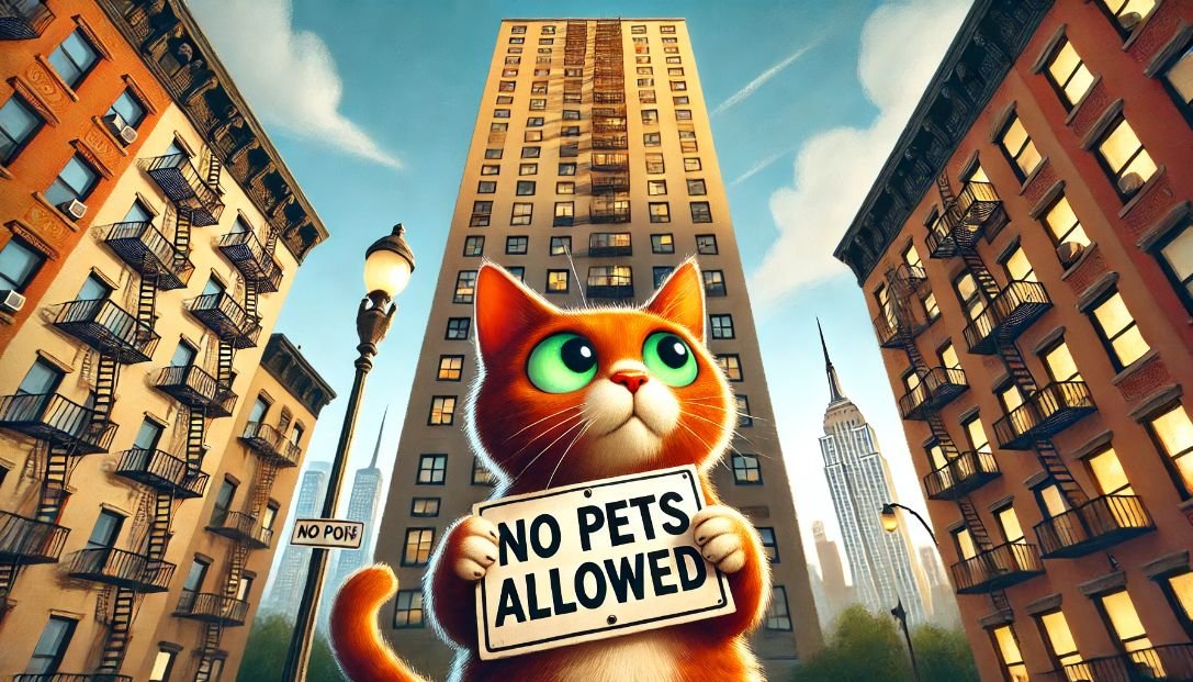 Whiskers, a mischievous orange cat with bright green eyes, stands before a tall apartment building with a 'No Pets Allowed' sign, ready to climb.