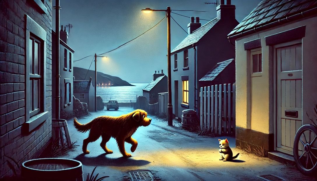 Bruno, a loyal dog, patrolling the quiet streets of a small seaside town during a chilly evening, discovering a tiny, shivering kitten in an alleyway.
